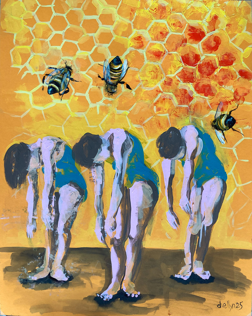 Three women in swimsuits bend forward in unison beneath giant bees and a honeycomb backdrop, blending order and unease.