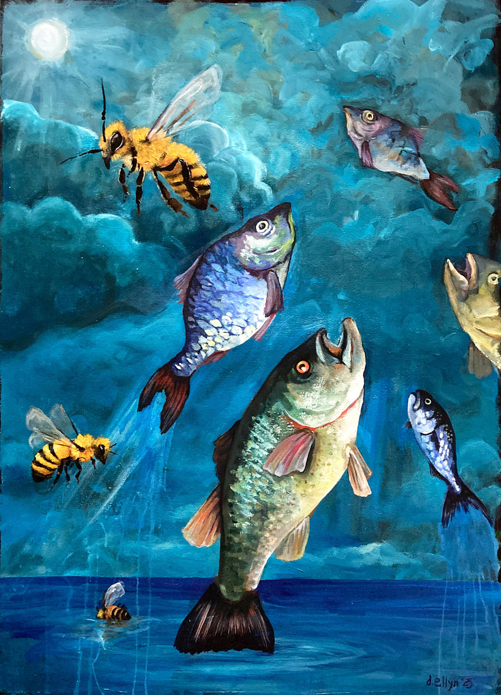 Fish leap into a deep blue sky as three large bees hover above them; below, water ripples subtly under a dusky horizon.