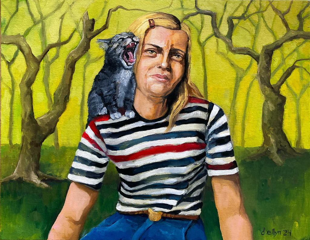 Blonde woman in striped shirt with a yawning gray cat on her shoulder, set against a surreal forest of leafless trees and yellow sky.