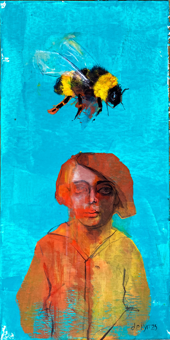 portrait of a woman in orange and red tones on turquoise background with bee above her head
