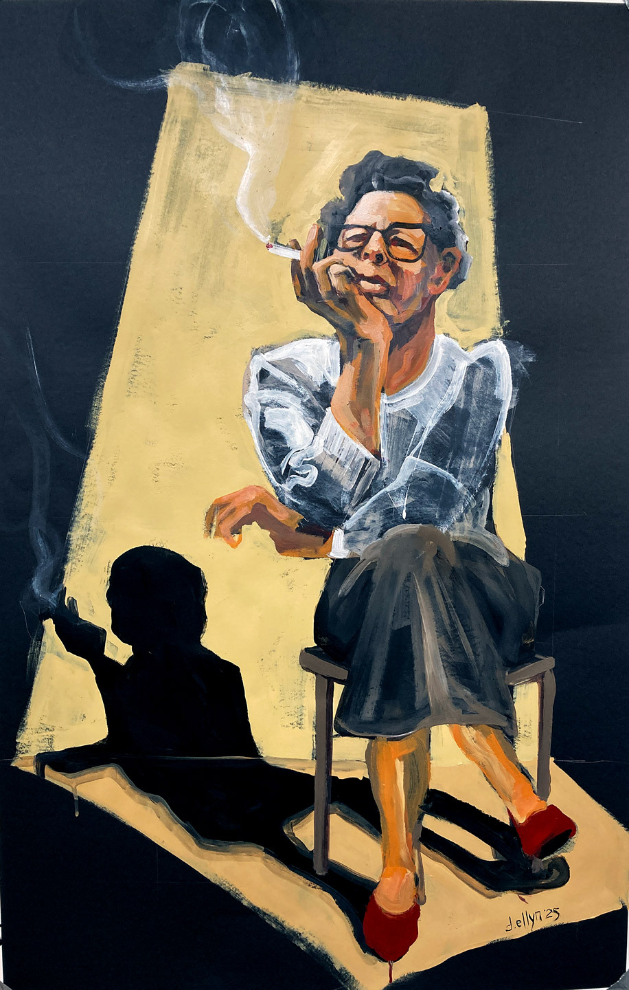 Portrait of Hannah Arendt. She sits on a stool with stark light and shadow reflected on the wall behind her.