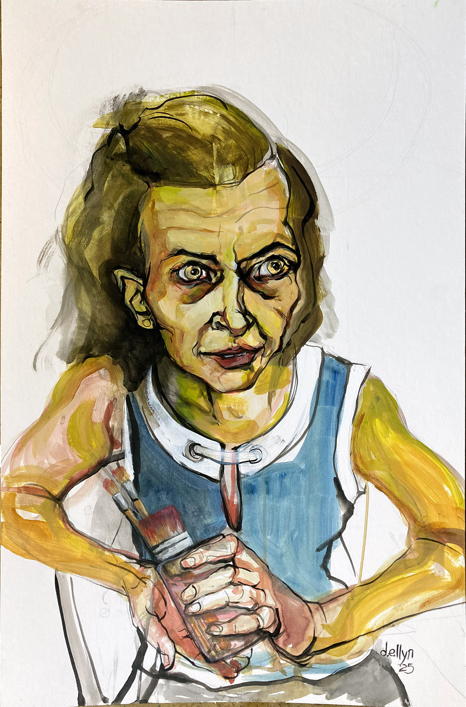 Expressive self-portrait of an artist gripping a jar of paintbrushes, with paint water spilling over her hands, evoking artistic struggle.
